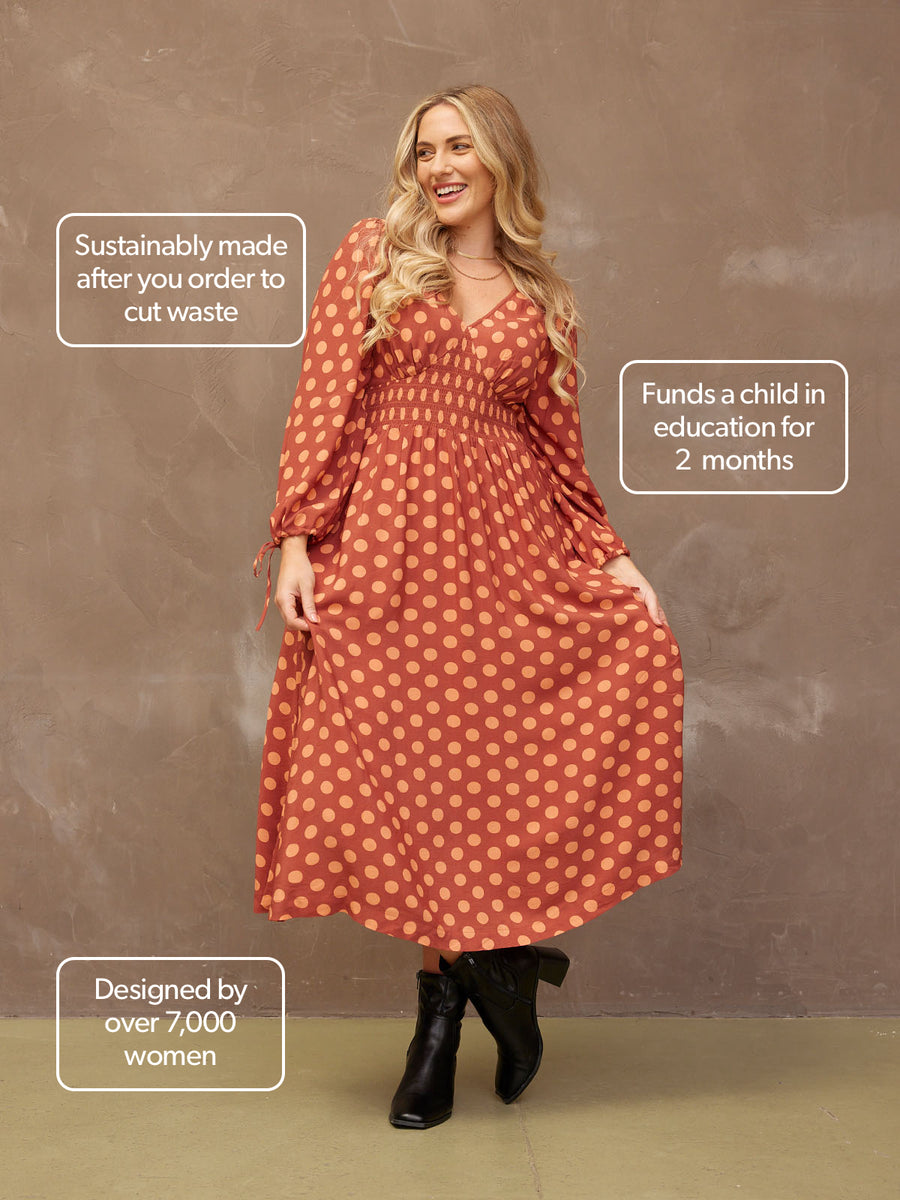 Maddie - V Neck Dress - Rust Spot Print - Sample