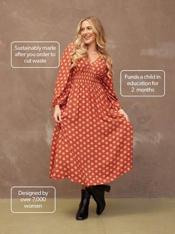 Maddie - V Neck Dress - Rust Spot Print