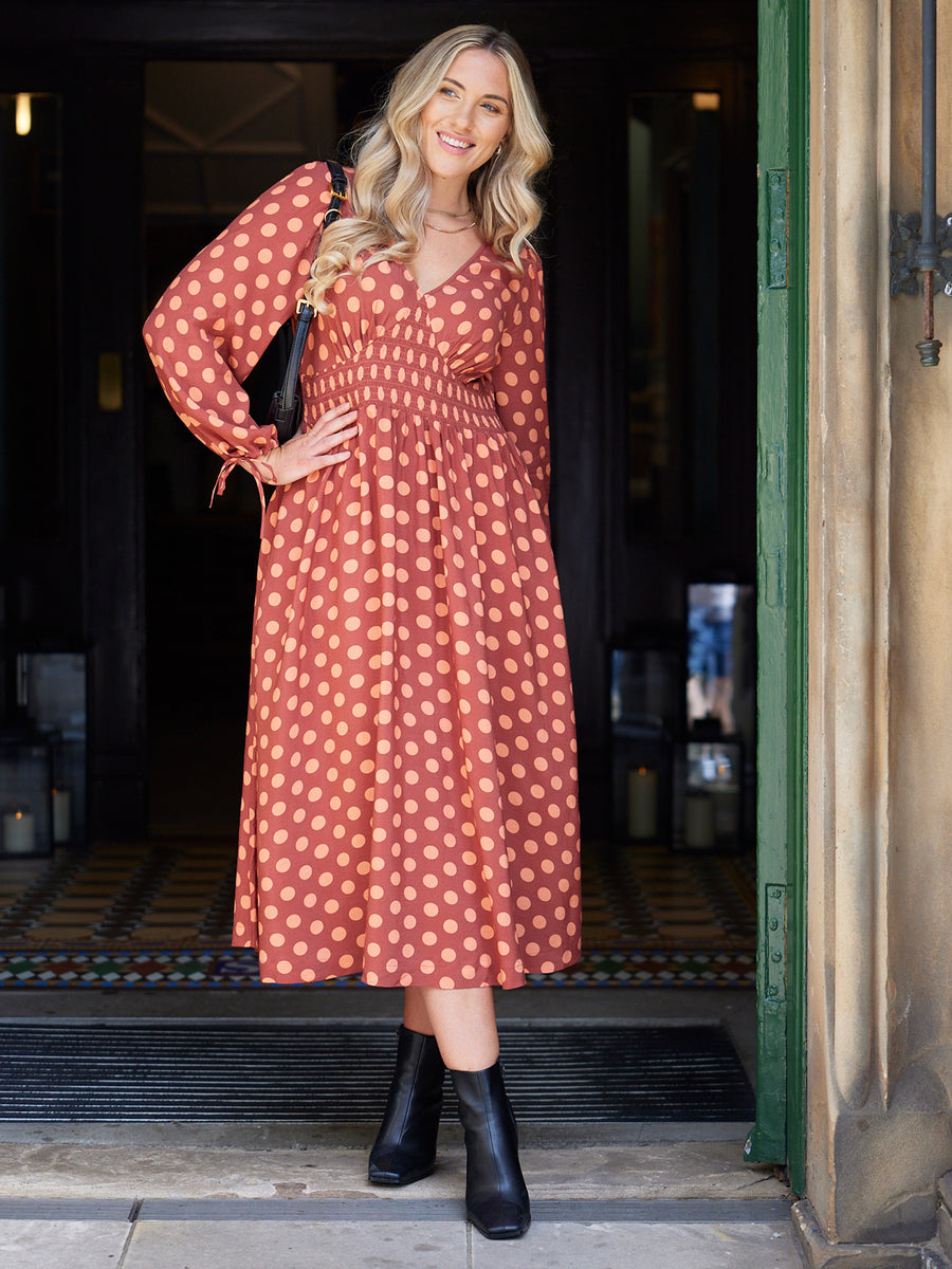 Maddie - V Neck Dress - Rust Spot Print - Sample