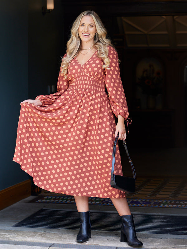 Maddie - V Neck Dress - Rust Spot Print