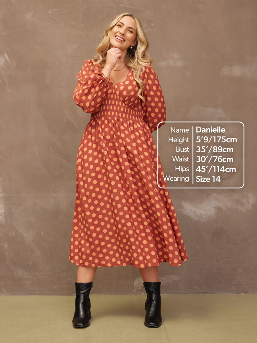 Maddie - V Neck Dress - Rust Spot Print - Sample