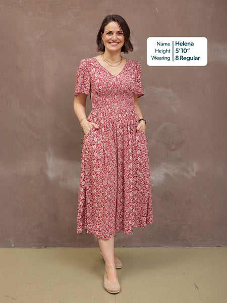 Maddie Short Sleeve Dress - Maroon Leaf Print