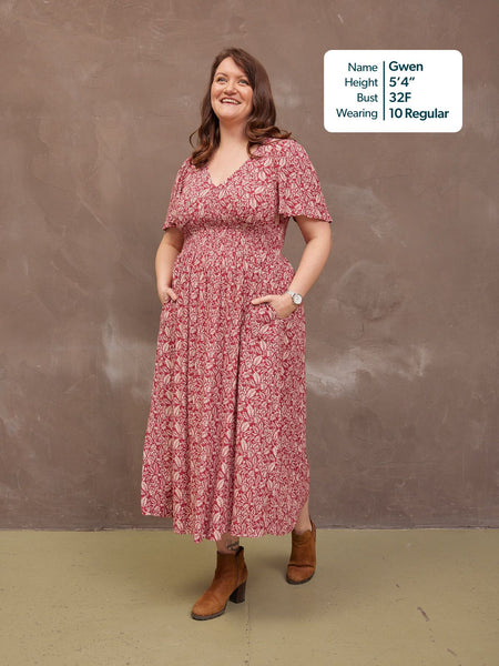 Maddie Short Sleeve Dress - Maroon Leaf Print