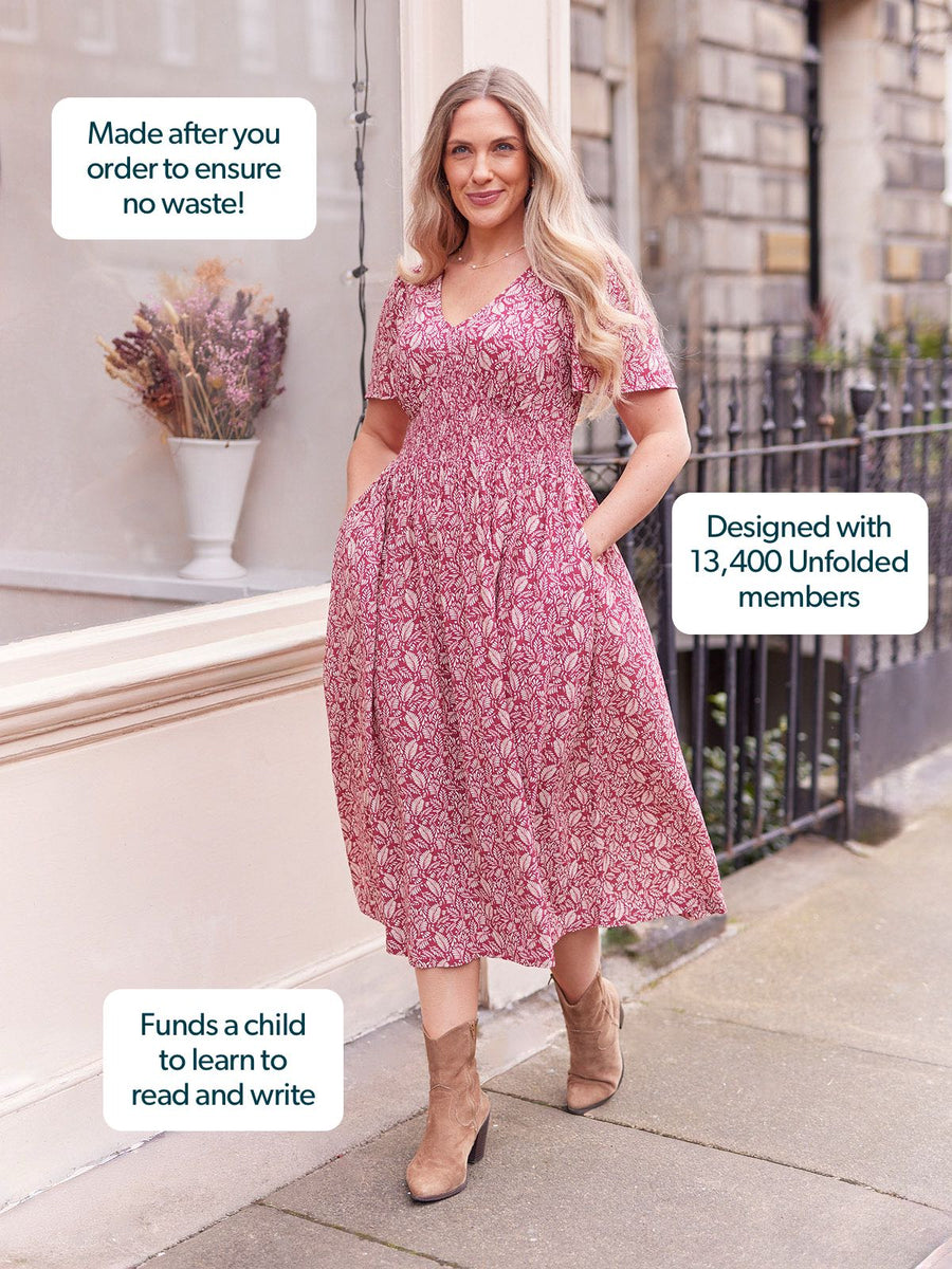 Maddie Short Sleeve Dress - Maroon Leaf Print