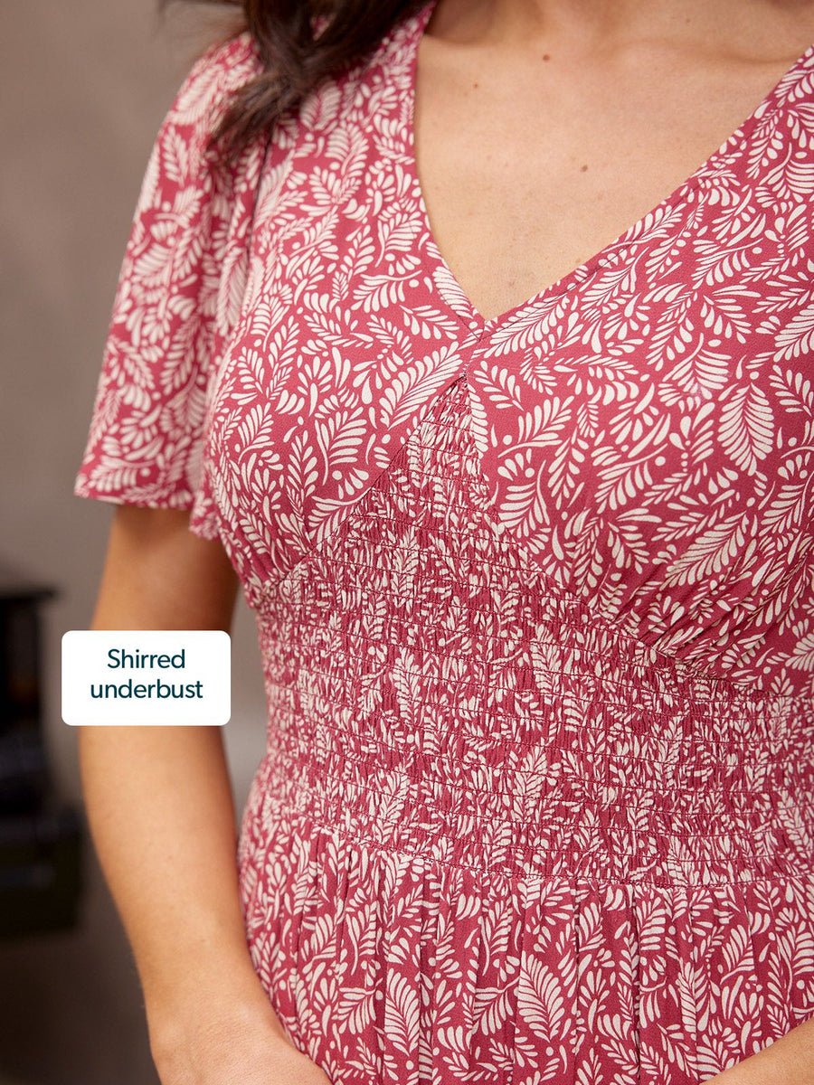 Maddie Short Sleeve Dress - Maroon Leaf Print