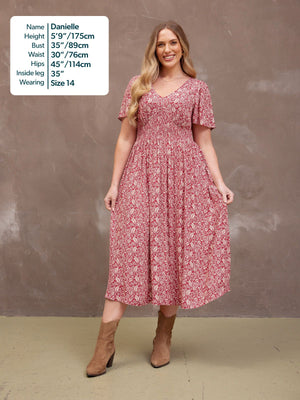 Maddie Short Sleeve Dress - Maroon Leaf Print