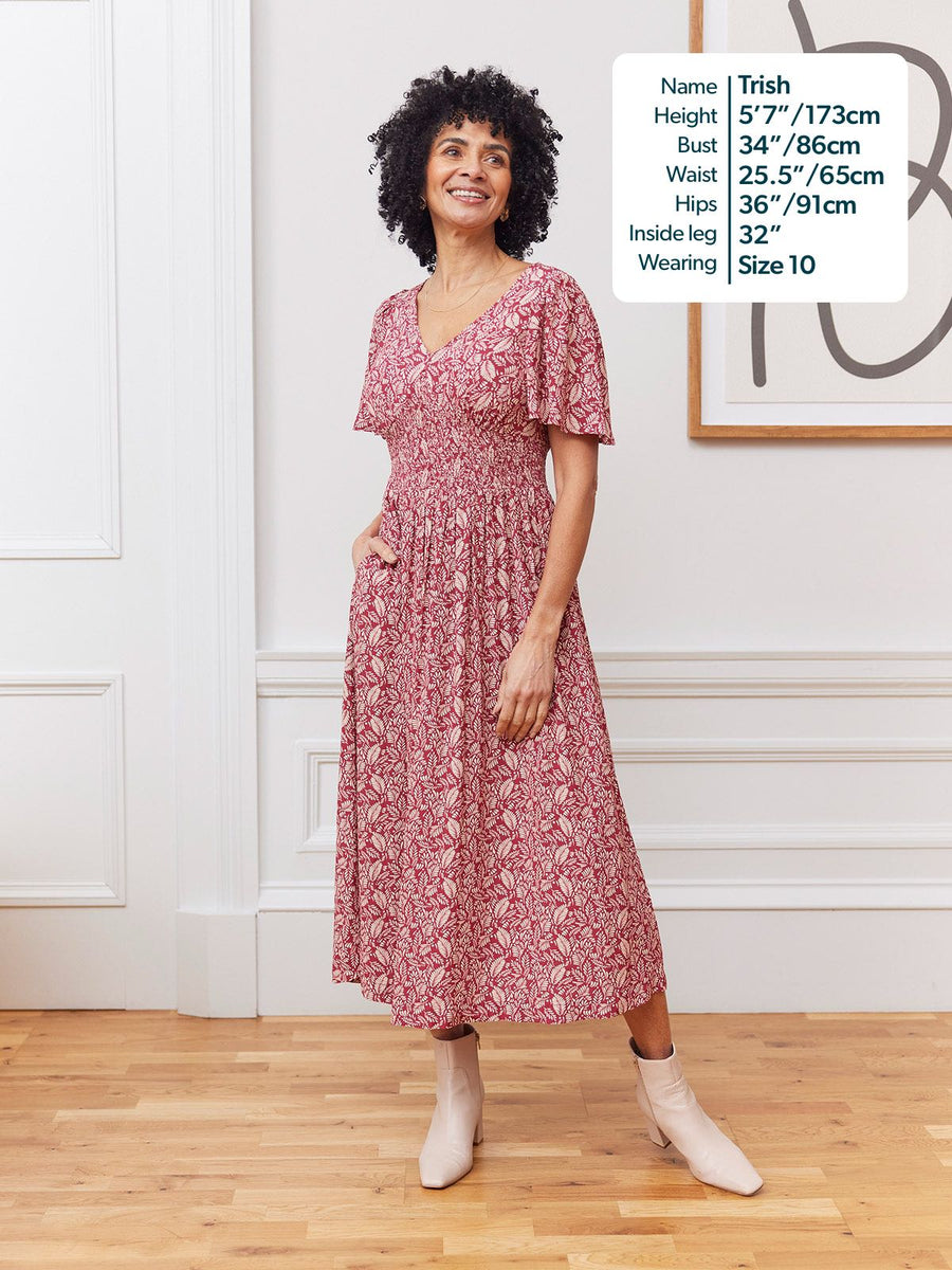 Maddie Short Sleeve Dress - Maroon Leaf Print