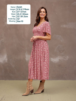 Maddie Short Sleeve Dress - Maroon Leaf Print