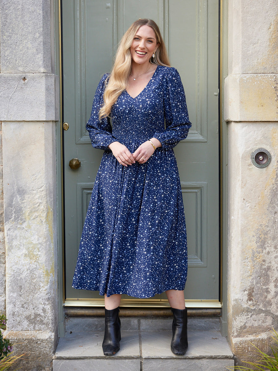 navy blue star print dress Navy Blue & White Star Print Halter Swing Dress Medium