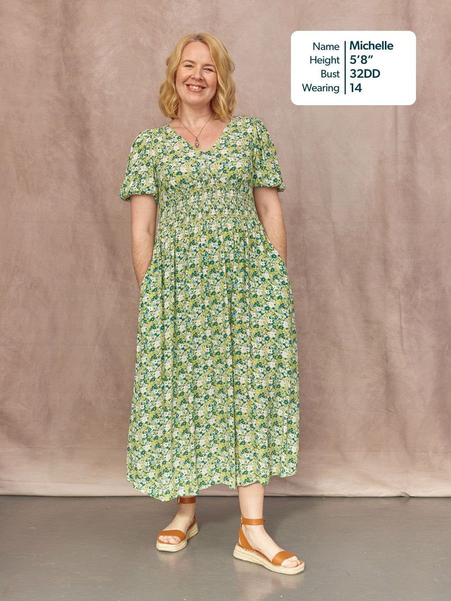 Maddie Short Blouson Sleeve Dress - Green Micro Floral Print This is Unfolded Maddie Short Blouson Sleeve Dress - Green Micro Floral Print This is Unfolded