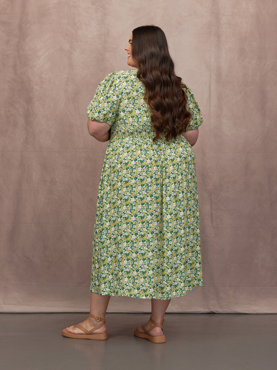 Maddie Short Blouson Sleeve Dress - Green Micro Floral Print This is Unfolded Maddie Short Blouson Sleeve Dress - Green Micro Floral Print This is Unfolded