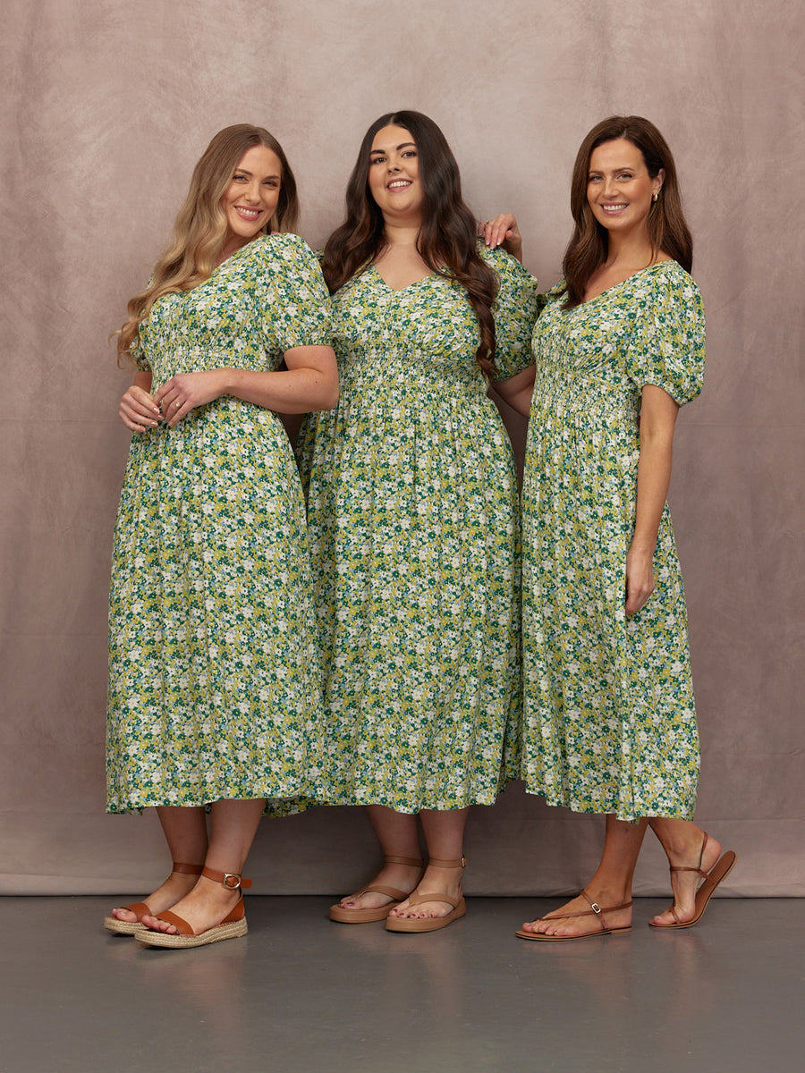 Maddie Short Blouson Sleeve Dress - Green Micro Floral Print