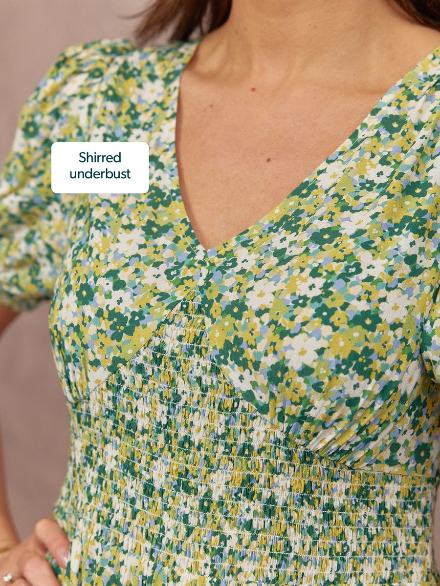 Maddie Short Blouson Sleeve Dress - Green Micro Floral Print This is Unfolded Maddie Short Blouson Sleeve Dress - Green Micro Floral Print This is Unfolded