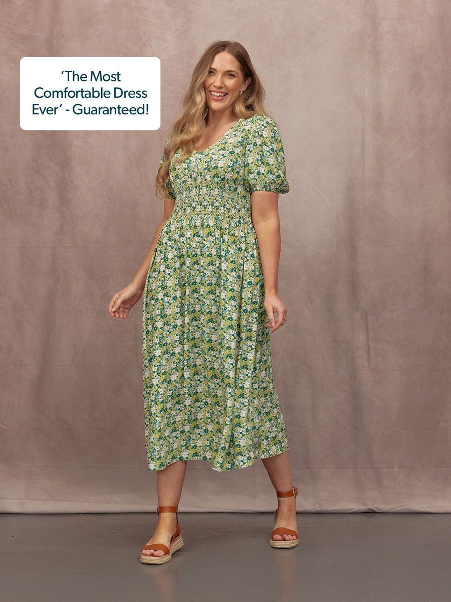 Maddie Short Blouson Sleeve Dress - Green Micro Floral Print This is Unfolded Maddie Short Blouson Sleeve Dress - Green Micro Floral Print This is Unfolded