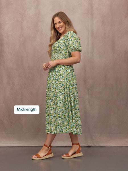 Maddie Short Blouson Sleeve Dress - Green Micro Floral Print This is Unfolded Maddie Short Blouson Sleeve Dress - Green Micro Floral Print This is Unfolded