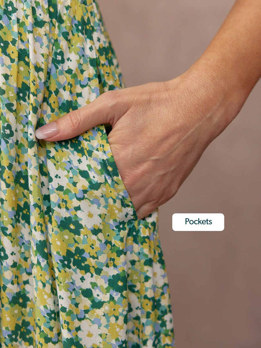 Maddie Short Blouson Sleeve Dress - Green Micro Floral Print