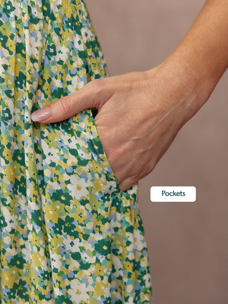 Maddie Short Blouson Sleeve Dress - Green Micro Floral Print