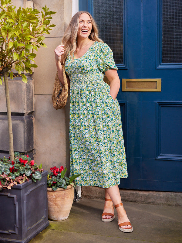 Maddie Short Blouson Sleeve Dress - Green Micro Floral Print