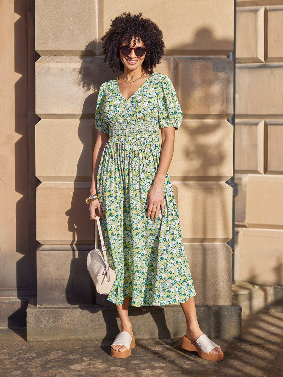 Maddie Short Blouson Sleeve Dress - Green Micro Floral Print This is Unfolded Maddie Short Blouson Sleeve Dress - Green Micro Floral Print This is Unfolded