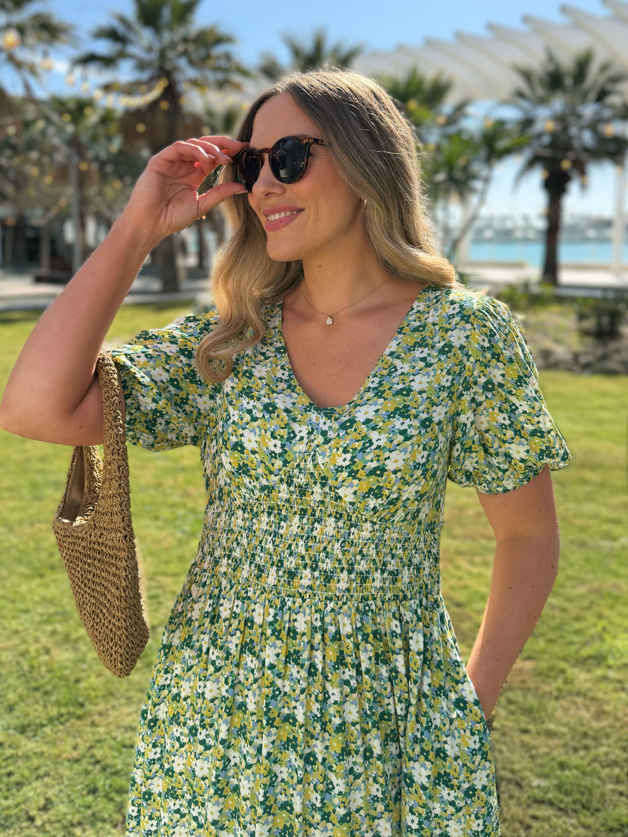 Maddie Short Blouson Sleeve Dress - Green Micro Floral Print This is Unfolded Maddie Short Blouson Sleeve Dress - Green Micro Floral Print This is Unfolded