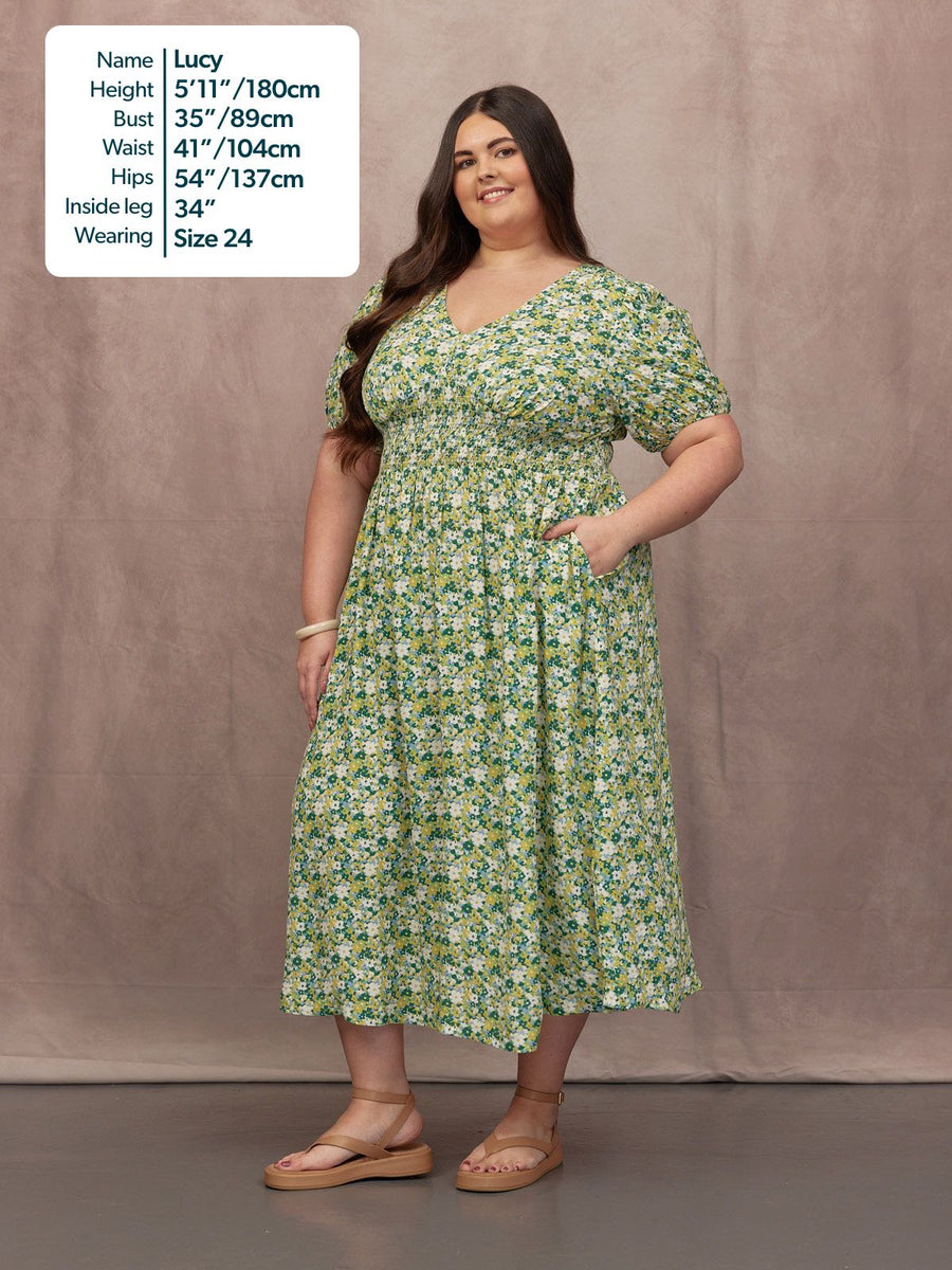 Maddie Short Blouson Sleeve Dress - Green Micro Floral Print This is Unfolded Maddie Short Blouson Sleeve Dress - Green Micro Floral Print This is Unfolded