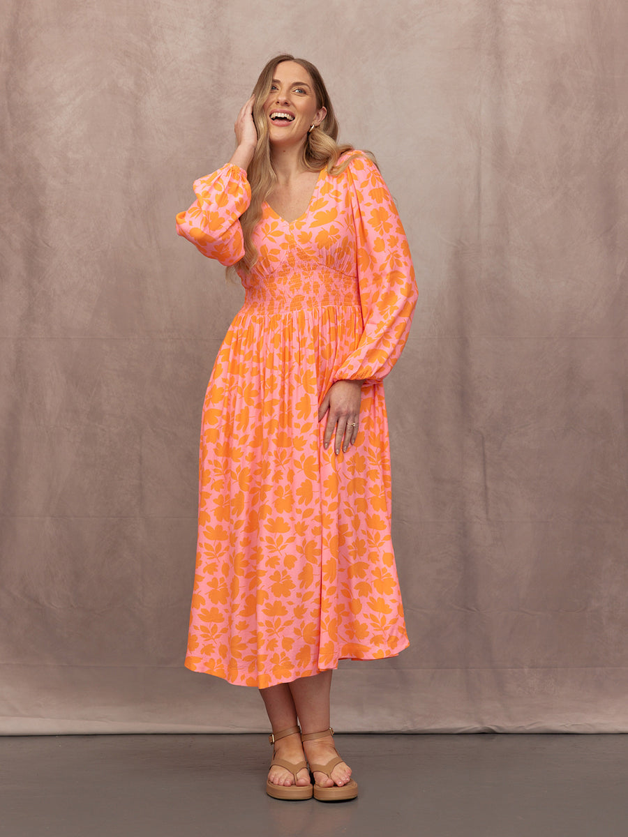 Maddie V-Neck Dress - Pink & Orange Floral Print