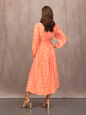 Maddie V-Neck Dress - Pink & Orange Floral Print