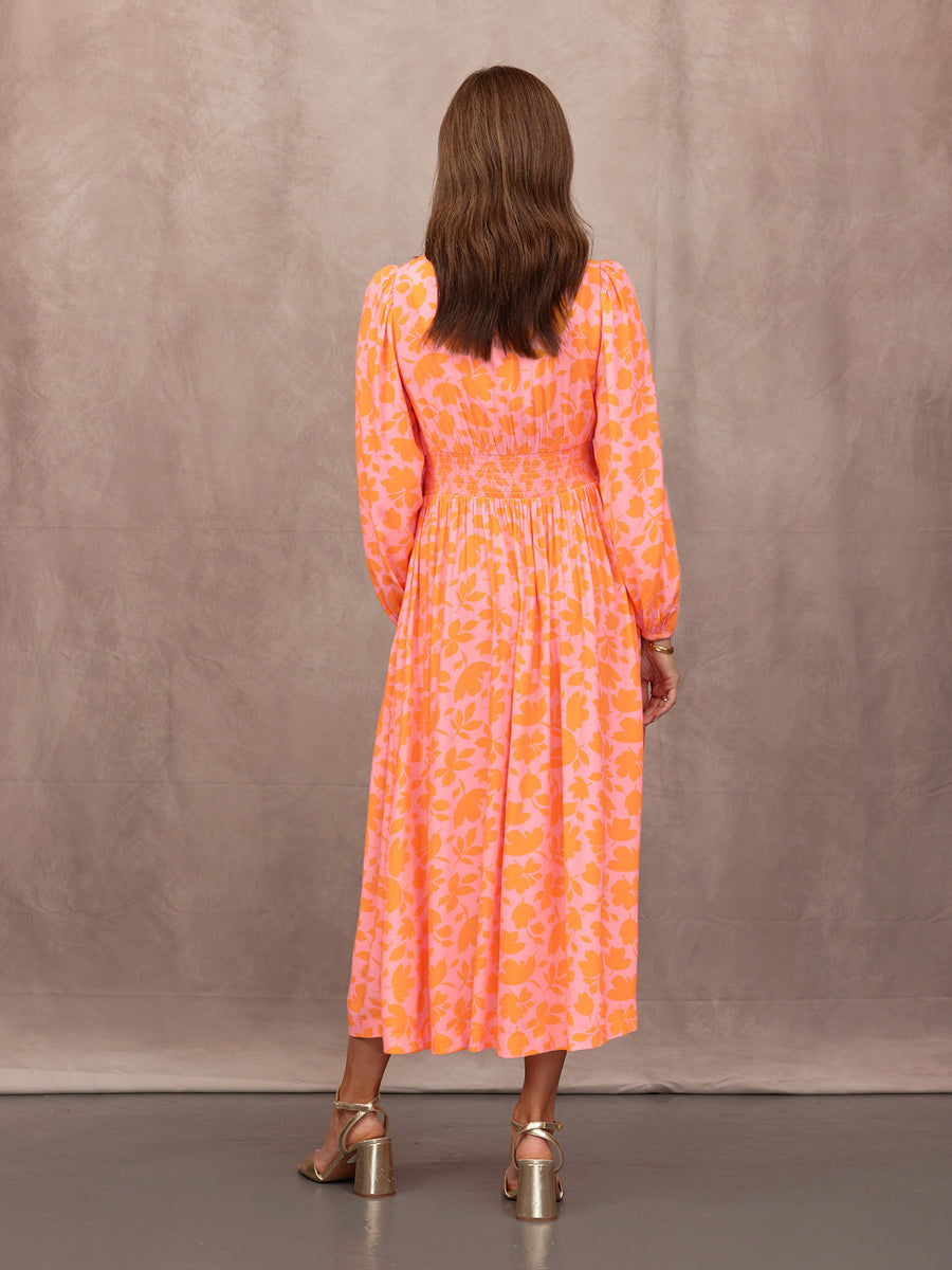 Maddie V-Neck Dress - Pink & Orange Floral Print