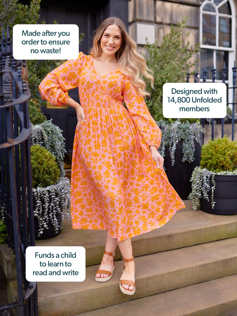 Maddie V-Neck Dress - Pink & Orange Floral Print