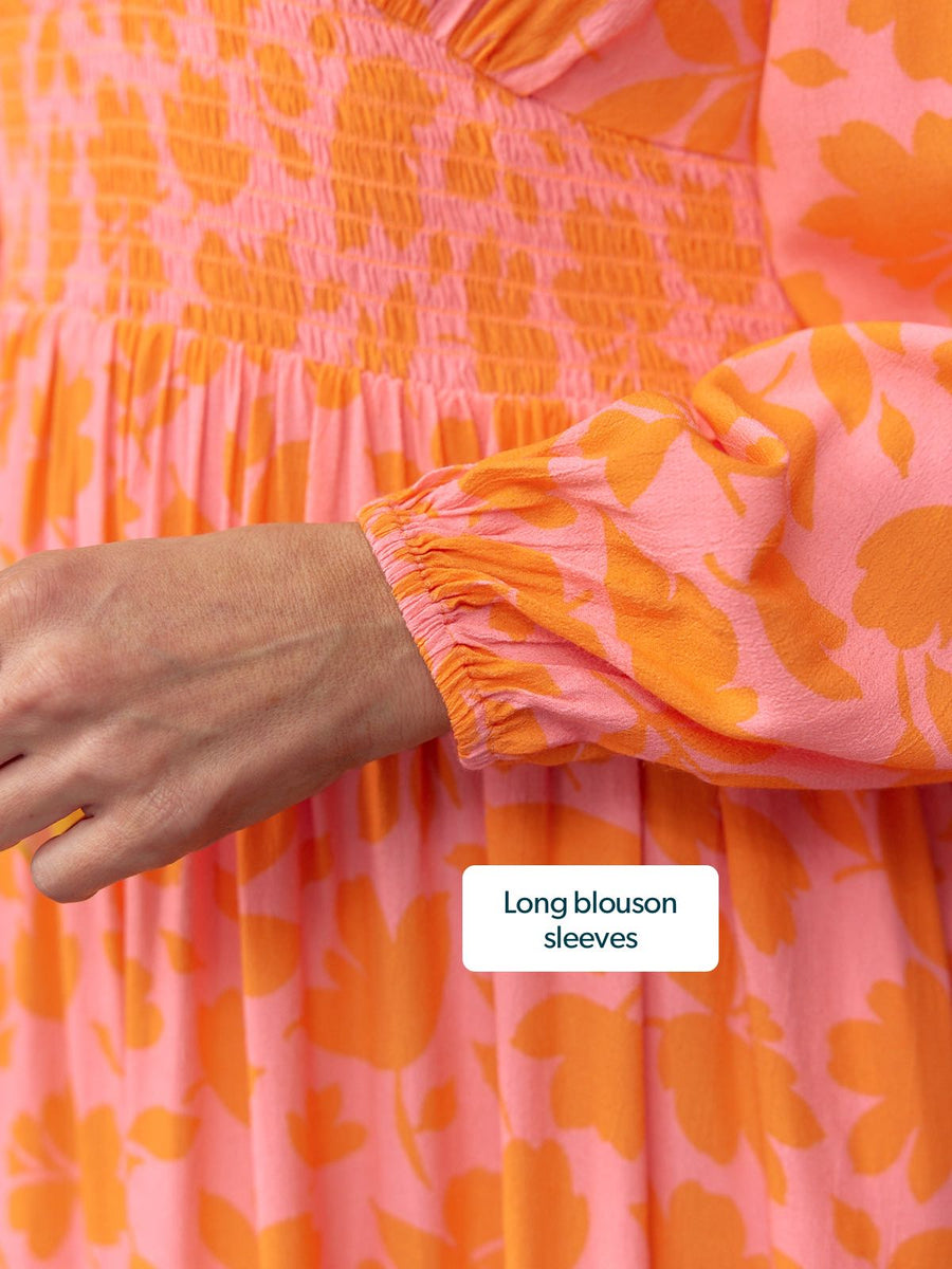 Maddie V-Neck Dress - Pink & Orange Floral Print