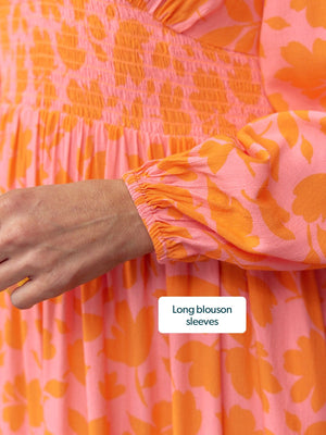 Maddie V-Neck Dress - Pink & Orange Floral Print