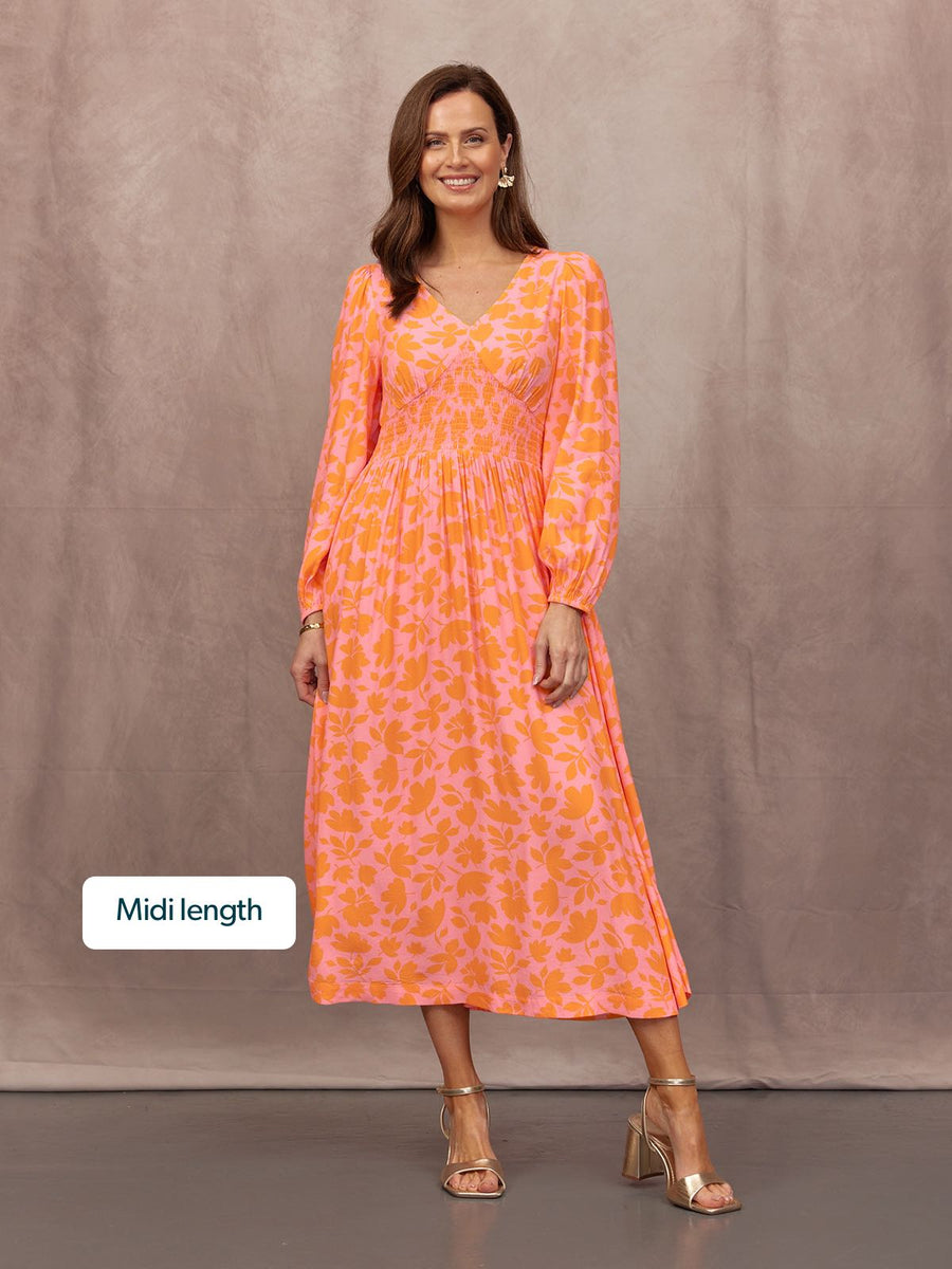 Maddie V-Neck Dress - Pink & Orange Floral Print