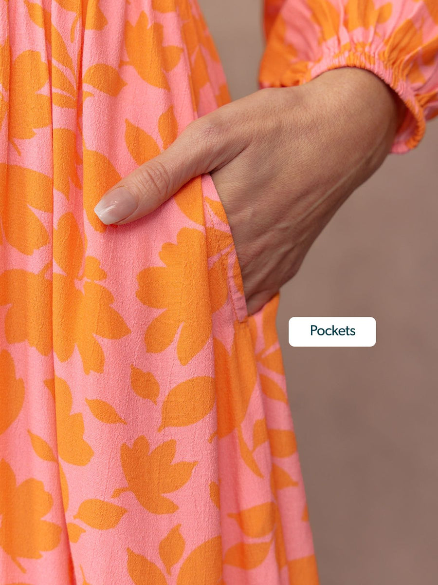Maddie V-Neck Dress - Pink & Orange Floral Print