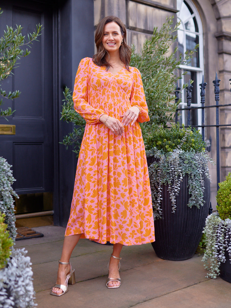 Maddie V-Neck Dress - Pink & Orange Floral Print