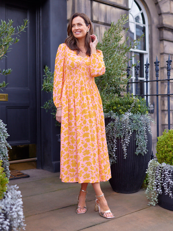 Maddie V-Neck Dress - Pink & Orange Floral Print