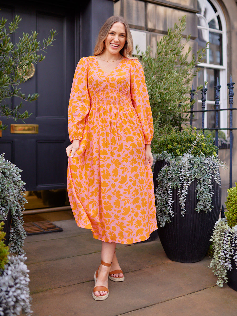 Maddie V-Neck Dress - Pink & Orange Floral Print