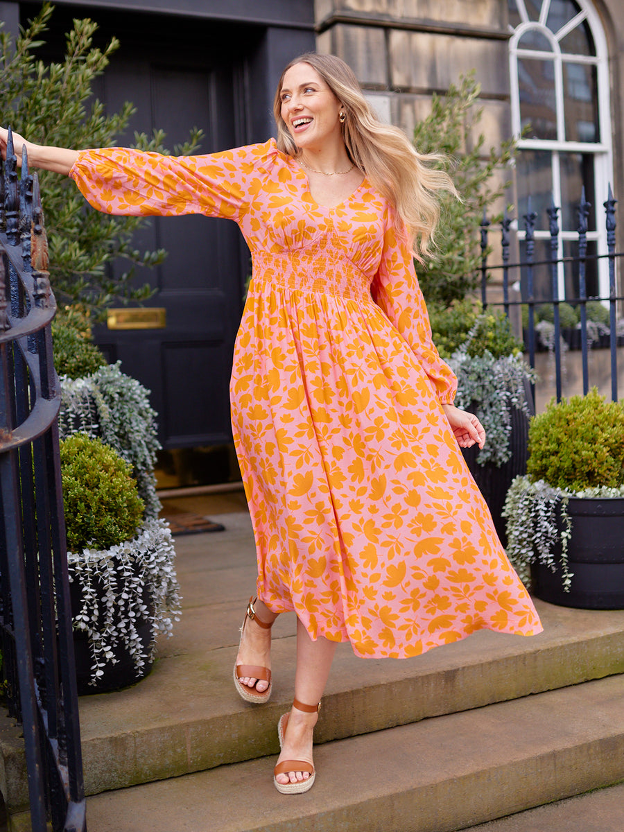 Maddie V-Neck Dress - Pink & Orange Floral Print