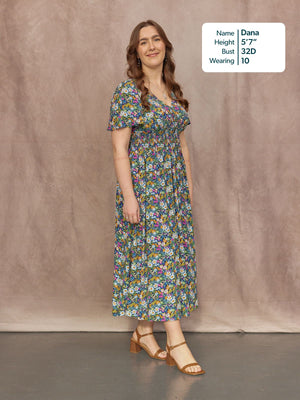 Maddie V-Neck Short Sleeve Dress - Multi-Coloured Floral Print