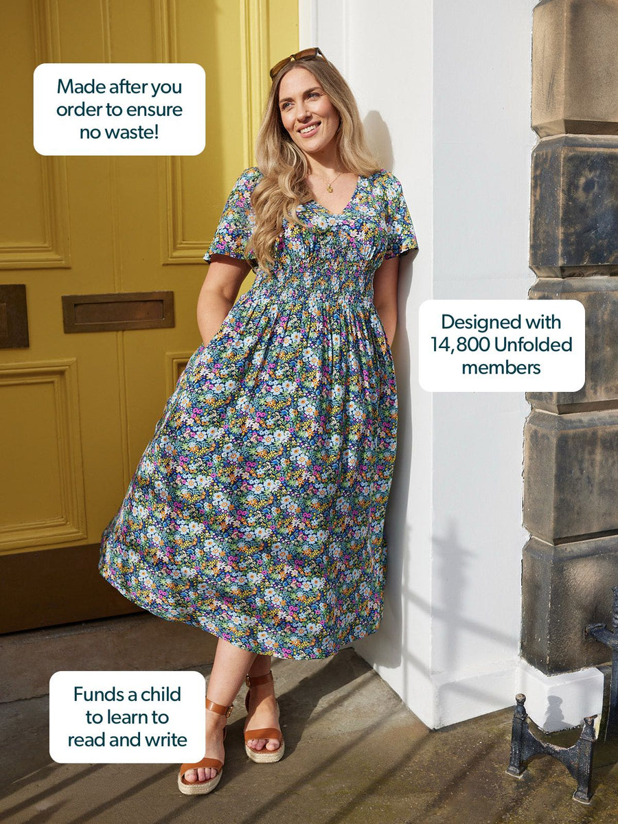 Maddie V-Neck Short Sleeve Dress - Multi-Coloured Floral Print