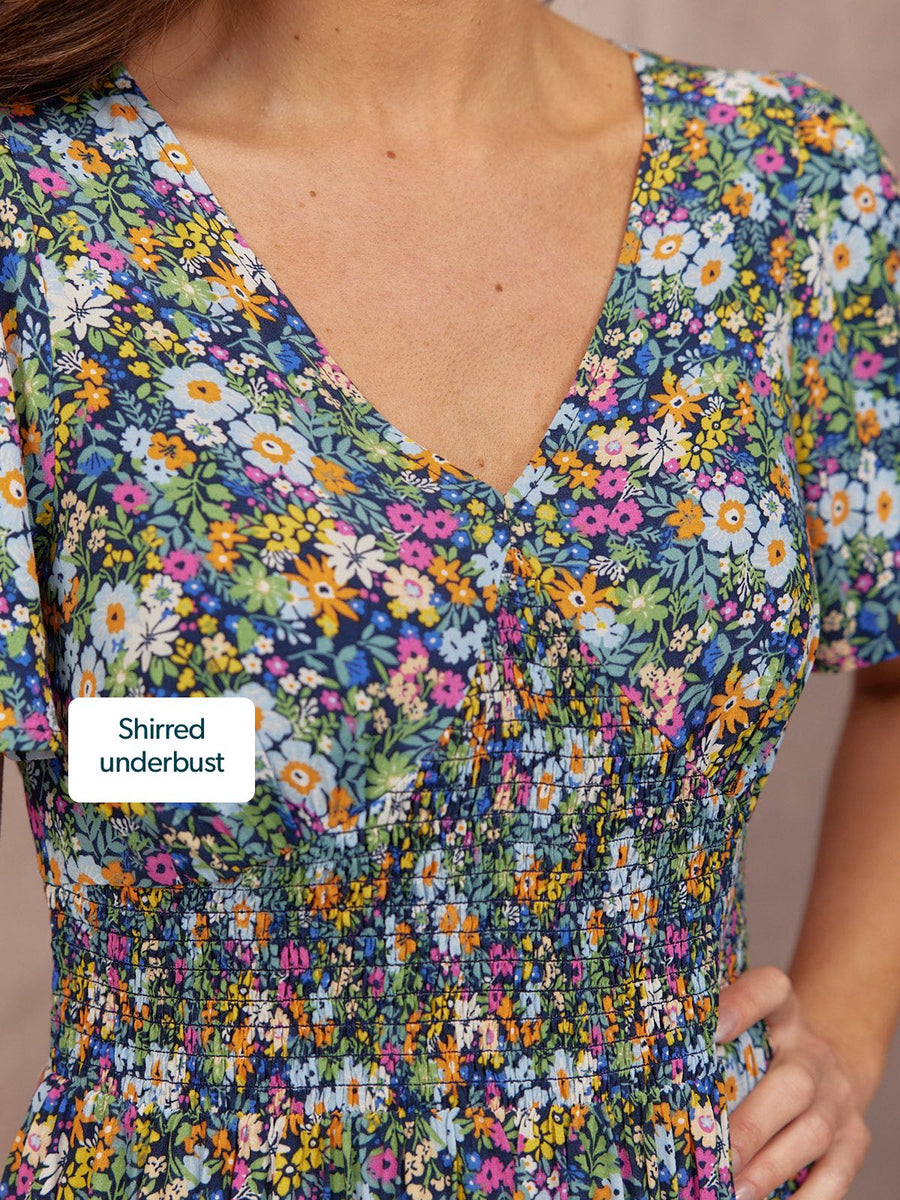 Maddie V-Neck Short Sleeve Dress - Multi-Coloured Floral Print