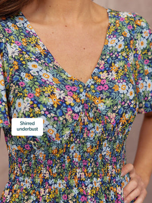 Maddie V-Neck Short Sleeve Dress - Multi-Coloured Floral Print