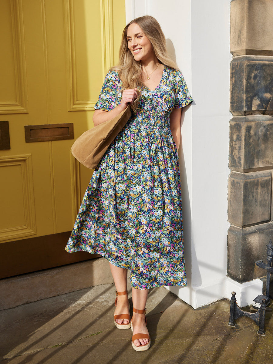 Maddie V-Neck Short Sleeve Dress - Multi-Coloured Floral Print
