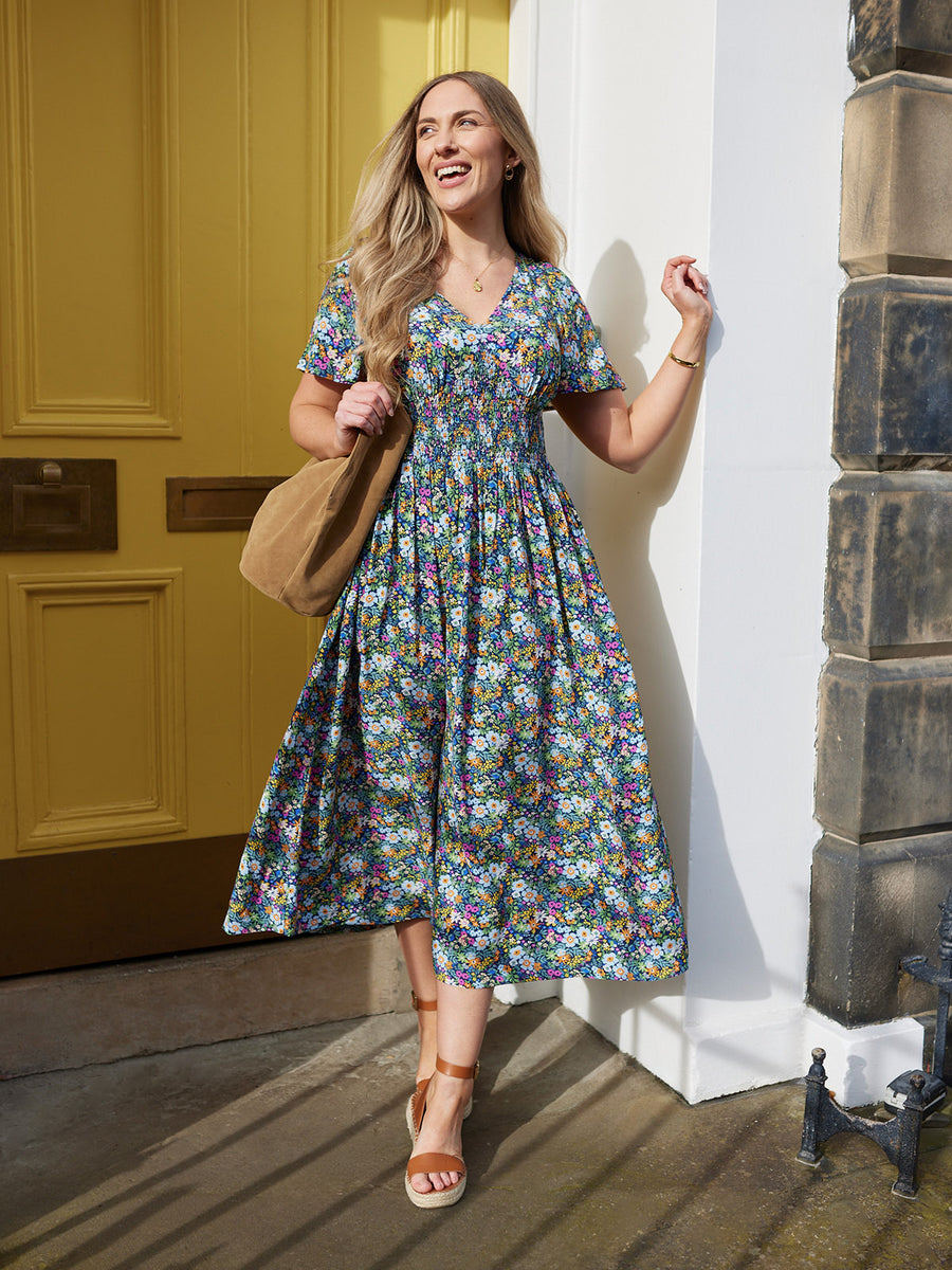 Maddie V-Neck Short Sleeve Dress - Multi-Coloured Floral Print