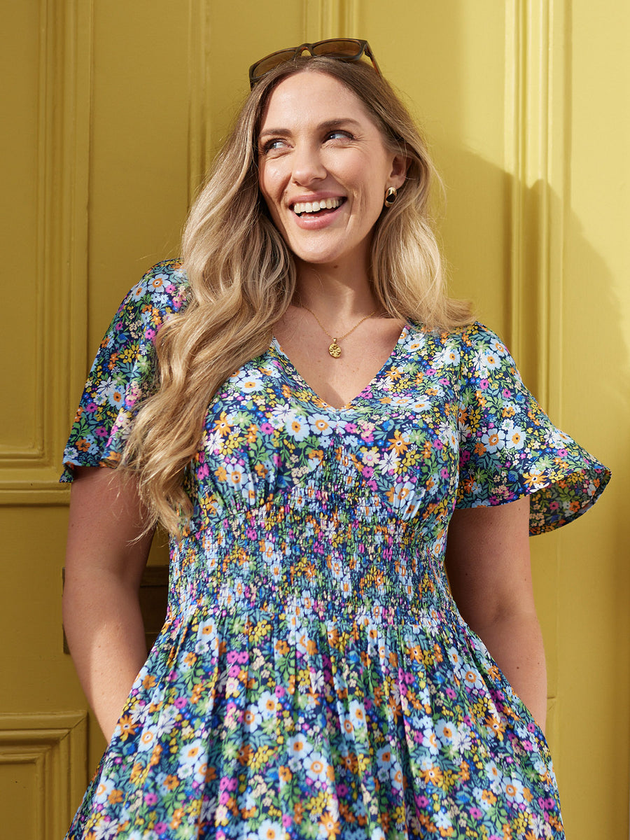 Maddie V-Neck Short Sleeve Dress - Multi-Coloured Floral Print