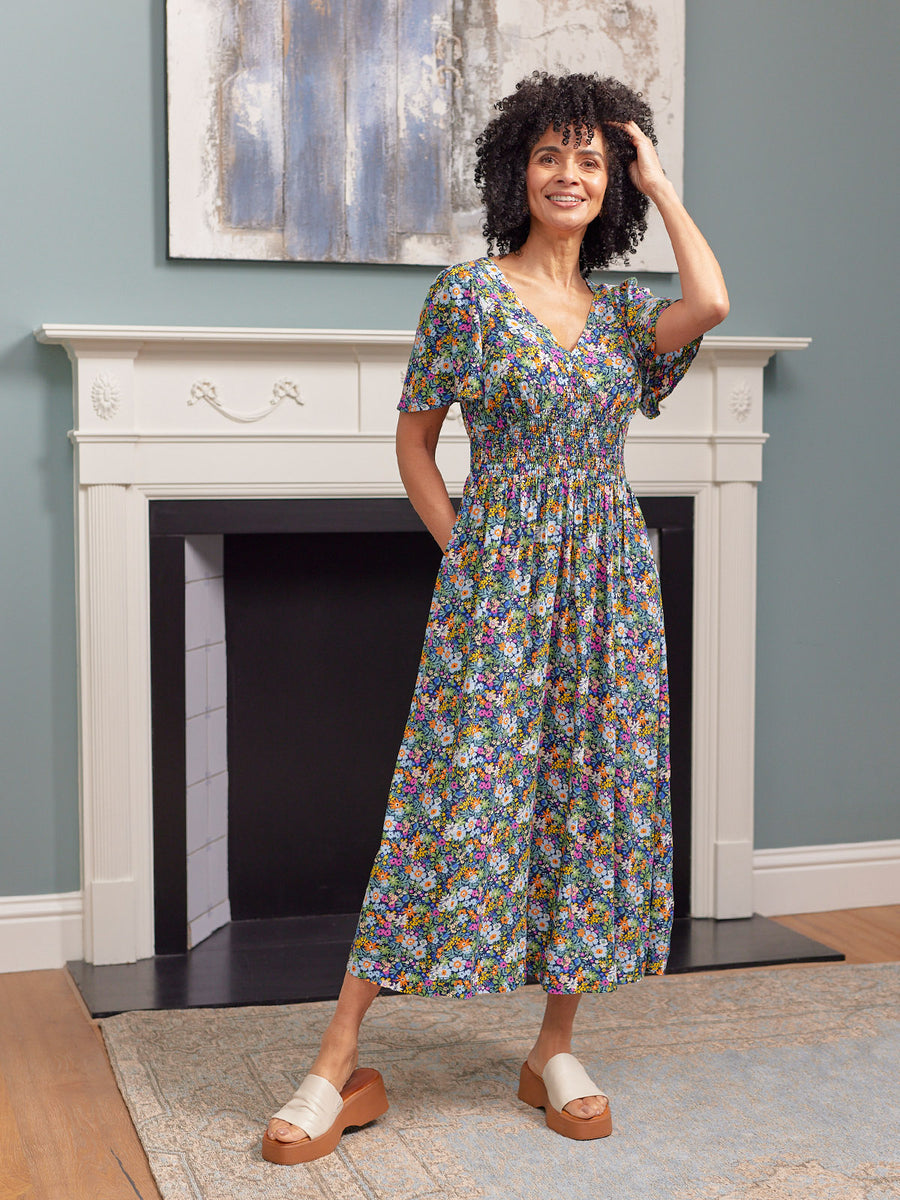 Maddie V-Neck Short Sleeve Dress - Multi-Coloured Floral Print
