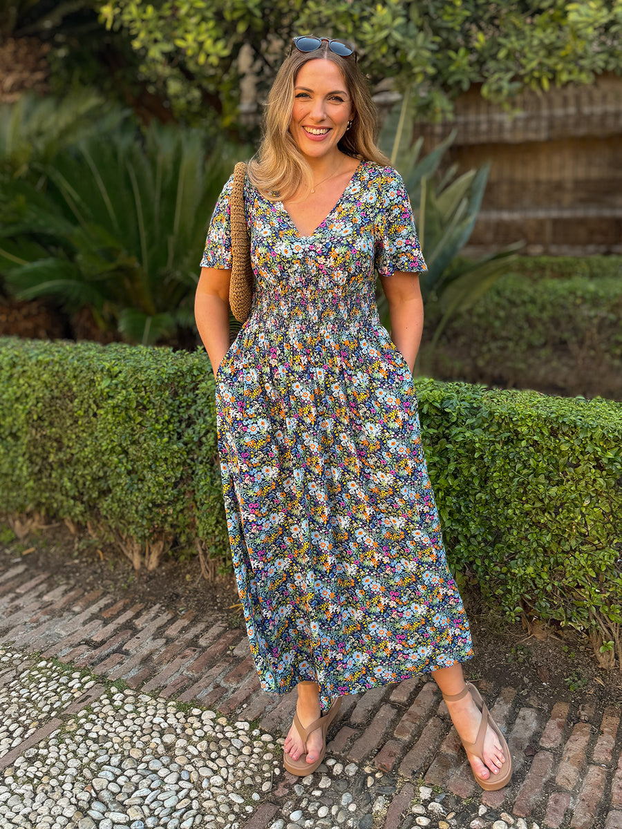 Maddie V-Neck Short Sleeve Dress - Multi-Coloured Floral Print This is Unfolded Maddie V-Neck Short Sleeve Dress - Multi-Coloured Floral Print This is Unfolded