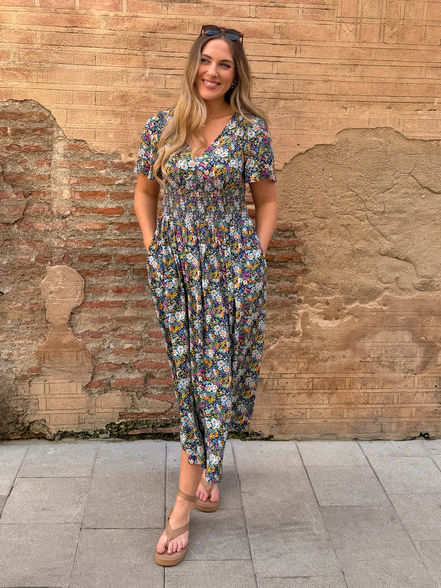 Maddie V-Neck Short Sleeve Dress - Multi-Coloured Floral Print