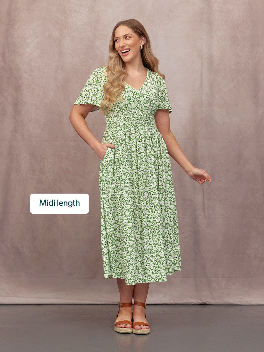 Maddie V-Neck Short Sleeve Dress - Olive Print This is Unfolded Maddie V-Neck Short Sleeve Dress - Olive Print This is Unfolded