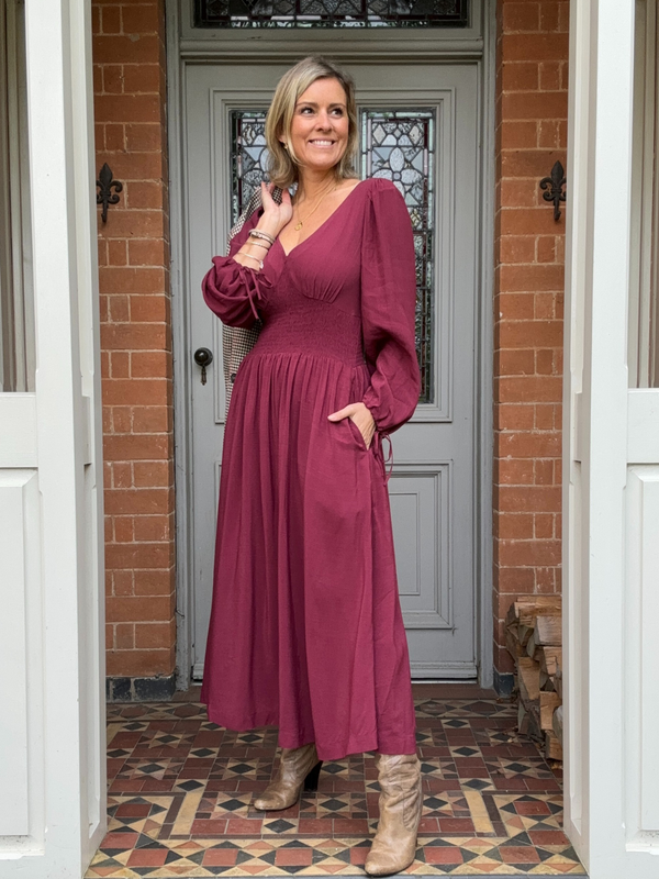 Maddie - V Neck Dress - Burgundy