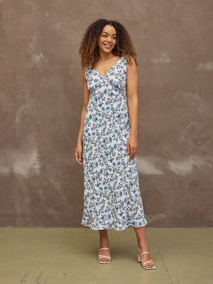 Mae - Bias Cut Dress - Blue & White Floral Print